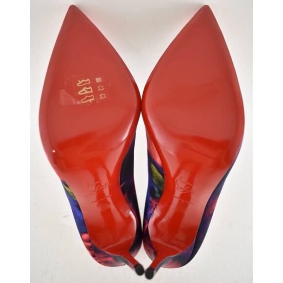 Christian Louboutin Kate 100 Crepe Satin Roses Red Blue Pointed Heel Pump 41 - Picture 15 of 15